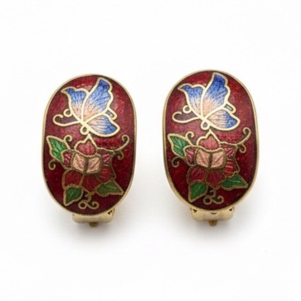 Cloisonné Vtg Butterfly Floral Clip On Earrings Gold Toned 70s Vibes Colorful‎